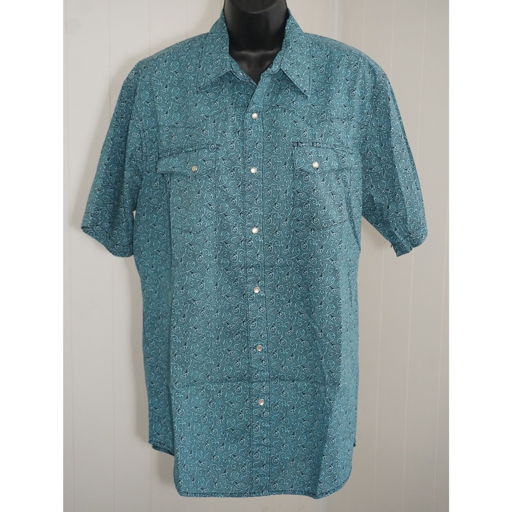 Wrangler Wrancher Shirt Teal Paisley Pearl Snap Short Sleeve Western